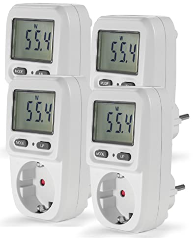 Eaxus® 4er Set Energiekostenmessgerät Steckdose mit Display - Strommesser Verbrauchsmessgerät bis 3680 Watt, Weiß