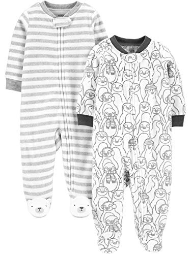 Simple Joys by Carter's Unisex Baby Schlaf- und Spielanzug aus Fleece mit Füßen, 2er-Pack, Pinguin/Streifen, 0 Monate