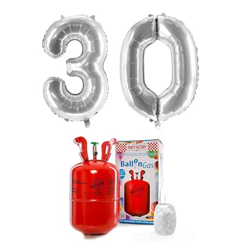 PARTY FACTORY Helium Set "30" mit XXL Zahlenballons, Ballongas und Ballonschnur - für Geburtstag, Jubiläum, Jahrestag; Gold, Silber, Schwarz, Pink, Rosa, Rosagold, Bunt (Silber)
