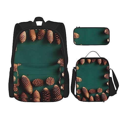 AvImYa Rucksack + Federmäppchen + Lunch-Tasche + Lunch-Tasche Kombination Schultaschen Büchertasche Mädchen Jungen Kinder Studenten leicht langlebig Tannenzapfen Bordüre, Schwarz , Einheitsgröße