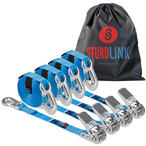 Sturdlink x4 Zurrgurt Set Kleine Ratsche und Verschluss Haken Zweiteilig 25mm 5m Gurtband LC 800daN in U, Befestigung auf Ösen Auto anhänger, Motorrad und Quad Bodenanker, Transport, Zurrösen, Vorzelt