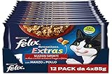 Purina Felix Sensations Extras Feuchtigkeitsfutter für Katzen mit Rind und Einer Prise Käse und einem Huhn und Einer Prise Bacon, 48 Beutel à 85 g