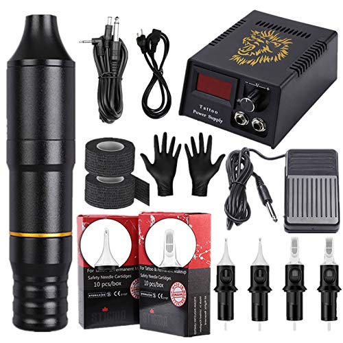 YCHBOS Tattoo Maschine Pen Set Komplett Tätowiermaschine Set Profi mit 20 Stück verstellbaren Tattoo-Nadeln Digitales Netzteil Starker Motor