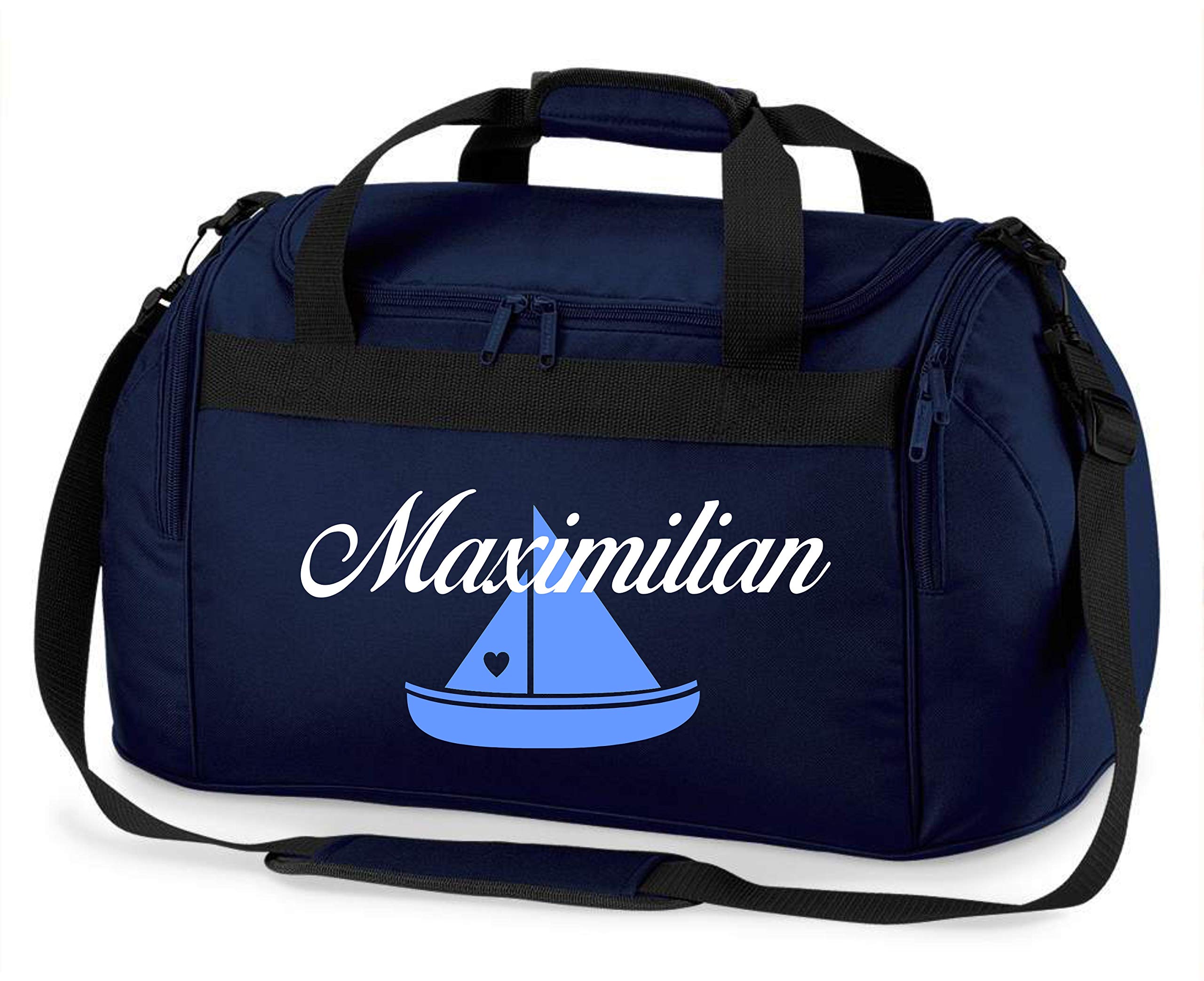 minimutz Sporttasche mit Namen | Motiv Segel-Boot Schiff | Personalisieren & Bedrucken | Reisetasche Schwimmtasche Mädchen Jungen Wasser-Sport (dunkelblau)