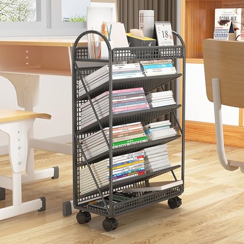 Beweglicher Bücherregal-Organizer, Bücherregal-Bücherwagen Aus Metall Mit Rollen, Aufbewahrungswagen-Bücherregal, Geeignet For Büros, Klassenzimmer, Bibliotheken, Arbeitszimmer ( Color : Black , Size