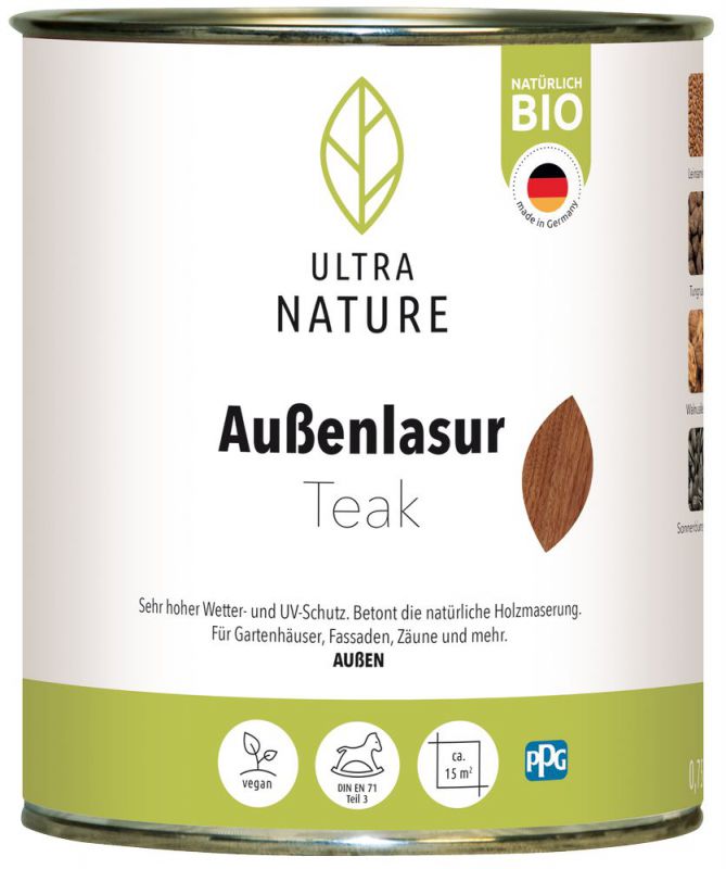 ULTRA NATURE Außen Lasur, 0,75L, Teak, Vegan, Natürlich Bio, Lösemittelfrei, Holzschutzlasur