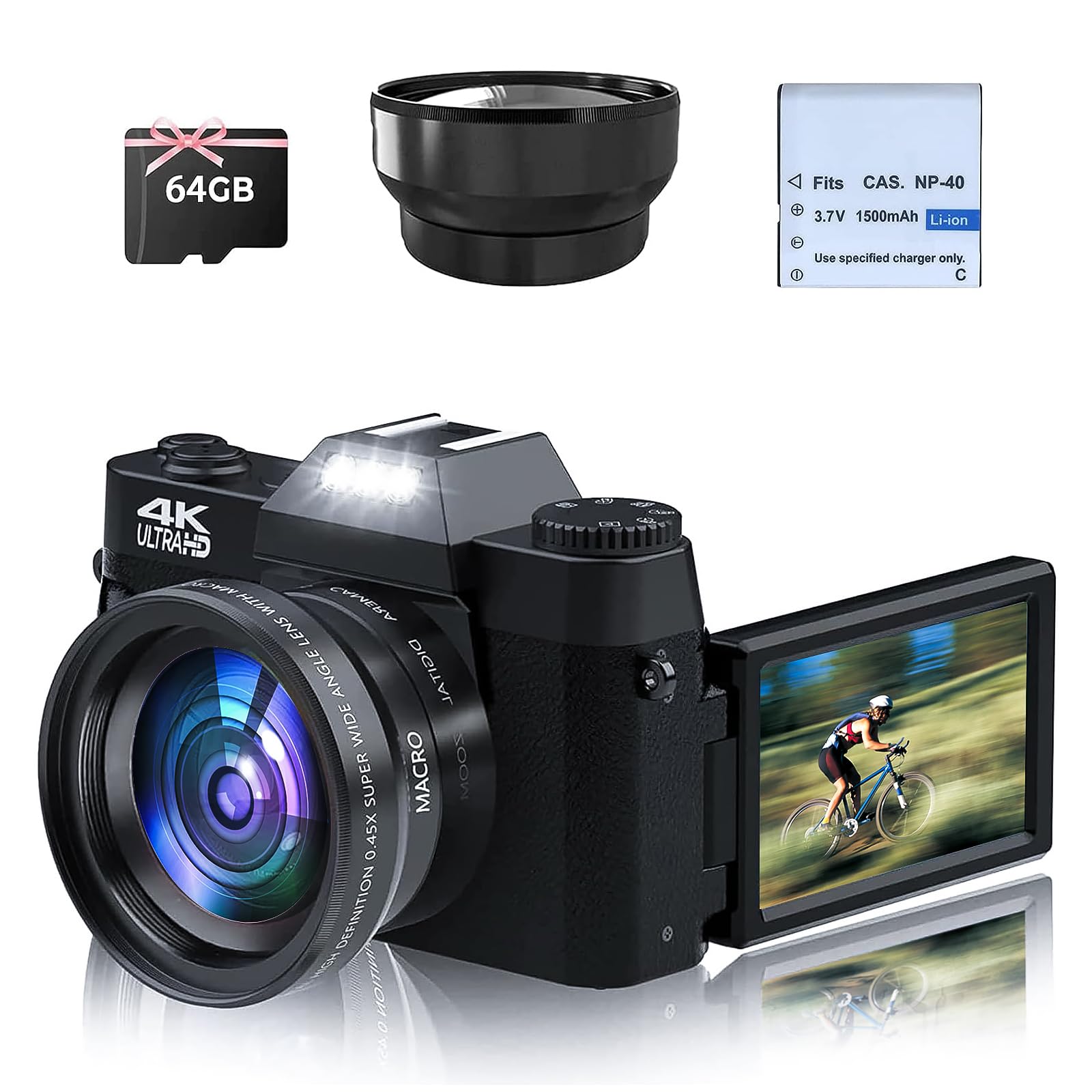 OKA gute Qualität 4K Digitalkamera 16X Digitalzoom 48MP Fotokamera mit Weitwinkel+Macro Linse 64G Karte 3.0'' Kompaktkamera Fotoapparat 180° Flip Bildschirm WiFi Vlog für Senioren Anfänger (Schwarz)