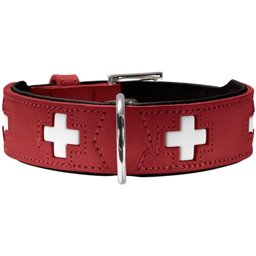 HUNTER Swiss Halsband für Hunde, Leder, hochwertig, schweizer Kreuz, 50, rot/schwarz