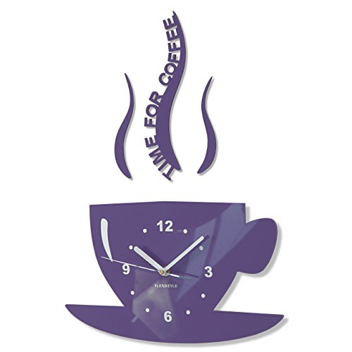 FLEXISTYLE Tasse Time for Coffee (Zeit für Kaffee) Moderne Küche Wanduhr Milka Violett 3D römisch, wanduhr deko