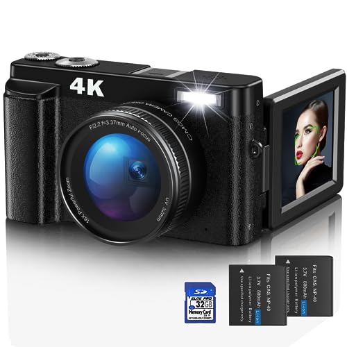 Digitalkamera,4K UHD Fotokamera Autofokus mit 32G Karte, 48MP Vlogging Kamera mit 180° Flip-Bildschirm und UV Linse,Kompaktkamera für Teenager Anfänger Erwachsene
