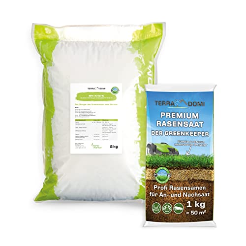 TerraDomi 8kg Rasendünger NPK 15-15-15+11 + 1kg Premium Rasensamen |Volldünger, leistungsstarker Universaldünger für Frühjahr & Herbst | Langzeitwirkung | Rasensaat zur An-& Nachsaat
