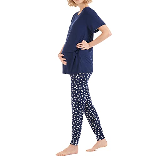 Herzmutter Stillpyjama-Umstandspyjama - Schwangerschafts-Pyjama mit Muster - Pyjama-Set für Schwangere-Wochenbett - Kurzarm-Schlafanzug für Stillzeit-Stillfunktion - 2950 (XL, Blau/Blumen)