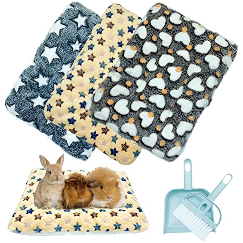 3er-Pack Kleintier-Plüschbett mit Kehrschaufel und Besen – 50 x 40 x 3 cm, warme weiche Fleece-Meerschweinchen-Bettwäsche für Käfigzubehör für Kaninchen, Hasen, Chinchilla, Eichhörnchen, Igel, Hamster