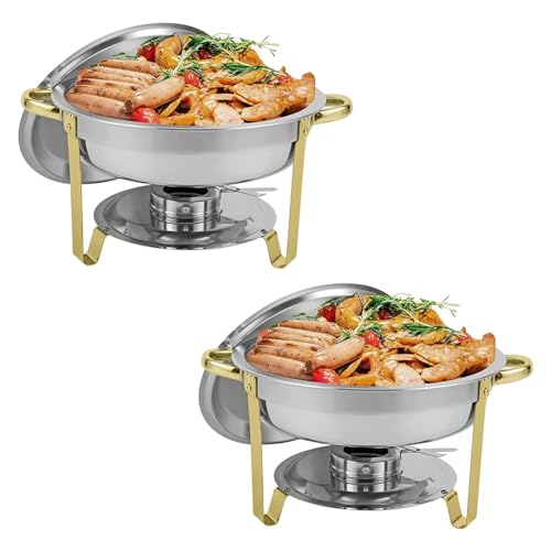 Runde Chafing Dishes in voller Größe, Edelstahl-Chafers und Buffetwärmer-Sets mit Wasserpfanne, Lebensmittelpfanne, Brennstoffhalter und Deckel (A, 2 Packungen)