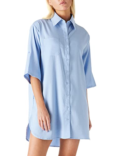 Amazon Brand - find. Lässiges Damenkleid Halblange Ärmel Bündchen Knopfleiste Mini-Shirt-Kleid Übergröße V-Ausschnitt Hemdblusenkleid, Blau, Size M