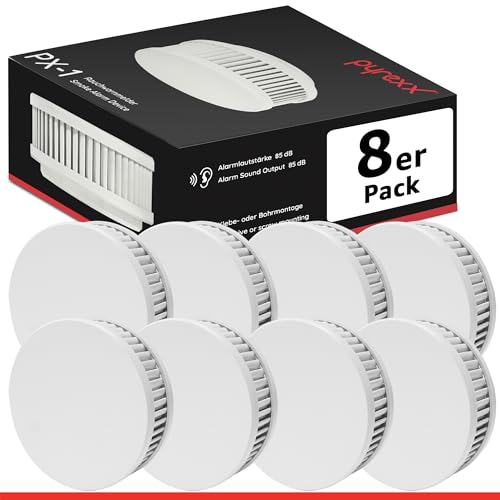 Pyrexx PX-1 Rauchwarnmelder 12 Jahre Batterie mit Magnet-Halterung ohne Bohren und LED-Blinken, Zertifiziert nach Q-Label, Weiß, 8er Set