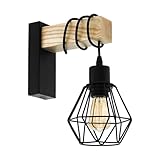 EGLO Wandlampe Townshend 5, Vintage Wandleuchte im Industrial Design, Retro Lampe aus Stahl und Holz, Farbe Schwarz, braun, Fassung E27, FSC zertifiziert