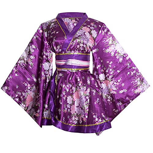 HUAHUA Damen Sexy kurzes Kimono-Kleid mit Blumendruck, japanischer traditioneller Geisha-Yukata-Bademantel, Rock, Gürtel-Outfit (D02-Lila, Einheitsgröße)