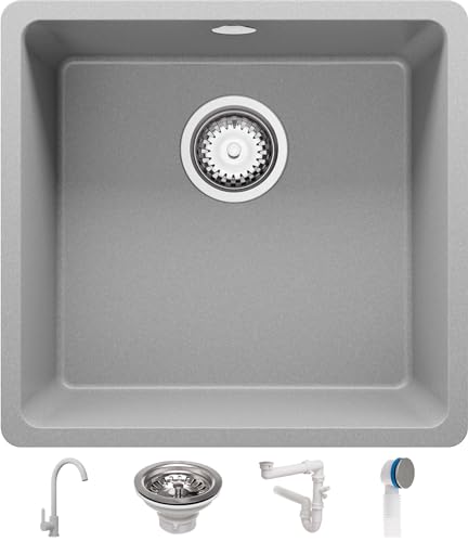 Spülbecken Grau 46x44 cm, Granitspüle 1 Becken + Ablauf-Set + Küchenarmatur, Küchenspüle ab 50er Unterschrank, Einbauspüle von Primagran