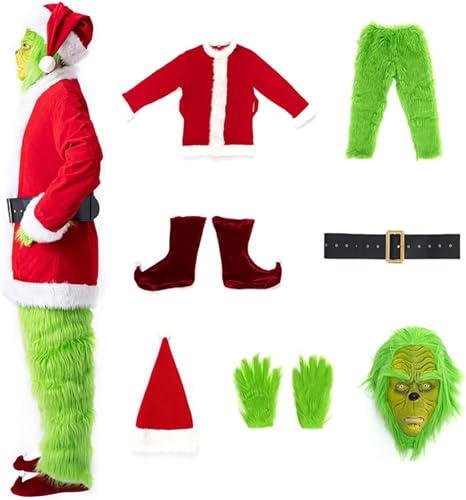 7-teiliges Weihnachtsmann-Kostüm for Herren, weihnachtliches grünes großes Monster-Haarkostüm, Weihnachts-Outfit, Party-Anzug mit grüner Monster-Maske, Weihnachtsmütze und Handschuhen for Weihnachten,