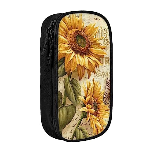 Retro Sonnenblume Federmäppchen, mittlere Größe, Stiftehalter, Tasche mit Doppelreißverschlüssen für die Arbeit, niedlich, Schwarz , Einheitsgröße, Koffer