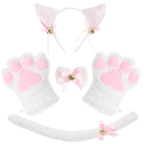 Kikier Katze Kit, Halloween Cosplay Kostüm Set, Festliches Party Zubehör Kätzchen Schwanz Ohr Kragen Pfote Handschuhe, weiß, One size
