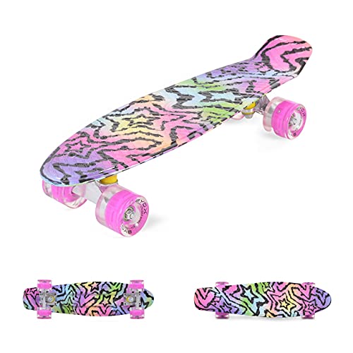 Byox Kinder Skateboard Stars 22 Zoll LED, 85A PU Rollen, ABEC 7, bis 85 kg, Farbe:pink