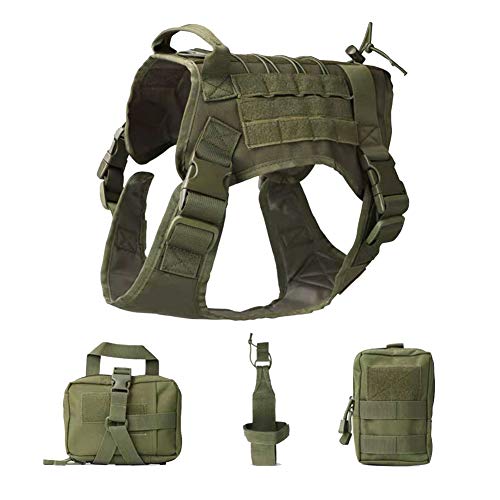DaiHan Hundegeschirr für mittelgroße und große Hunde,Service Hundeweste verstellbar, für Outdoor-Training,mit 3 abnehmbaren Taschen Army XL