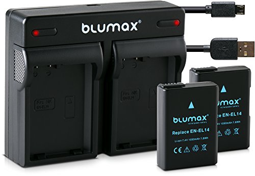 Blumax 2X Akku 1050mAh für Nikon EN-EL14/EN-EL14a + Mini Dual-Ladegerät USB für Nikon D3100 D3200 D3300 D3400 D5100 D5200 D5300 D5500 Coolpix P7800 Coolpix P7700 Coolpix P7100 Coolpix P7000