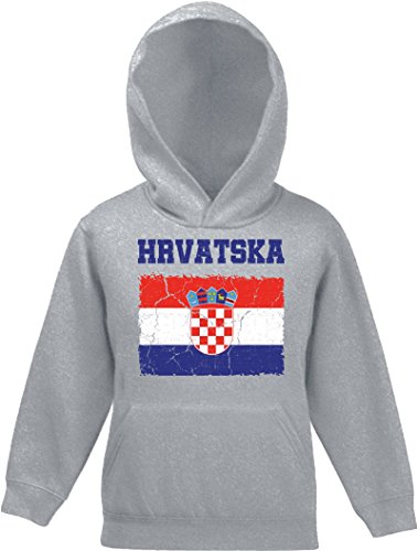 ShirtStreet Croatia Kroatien Fußball WM Fanfest Gruppen Kinder Hoodie Kapuzenpullover Mädchen Jungen Wappen Hrvatska, Größe: 140,Graumeliert