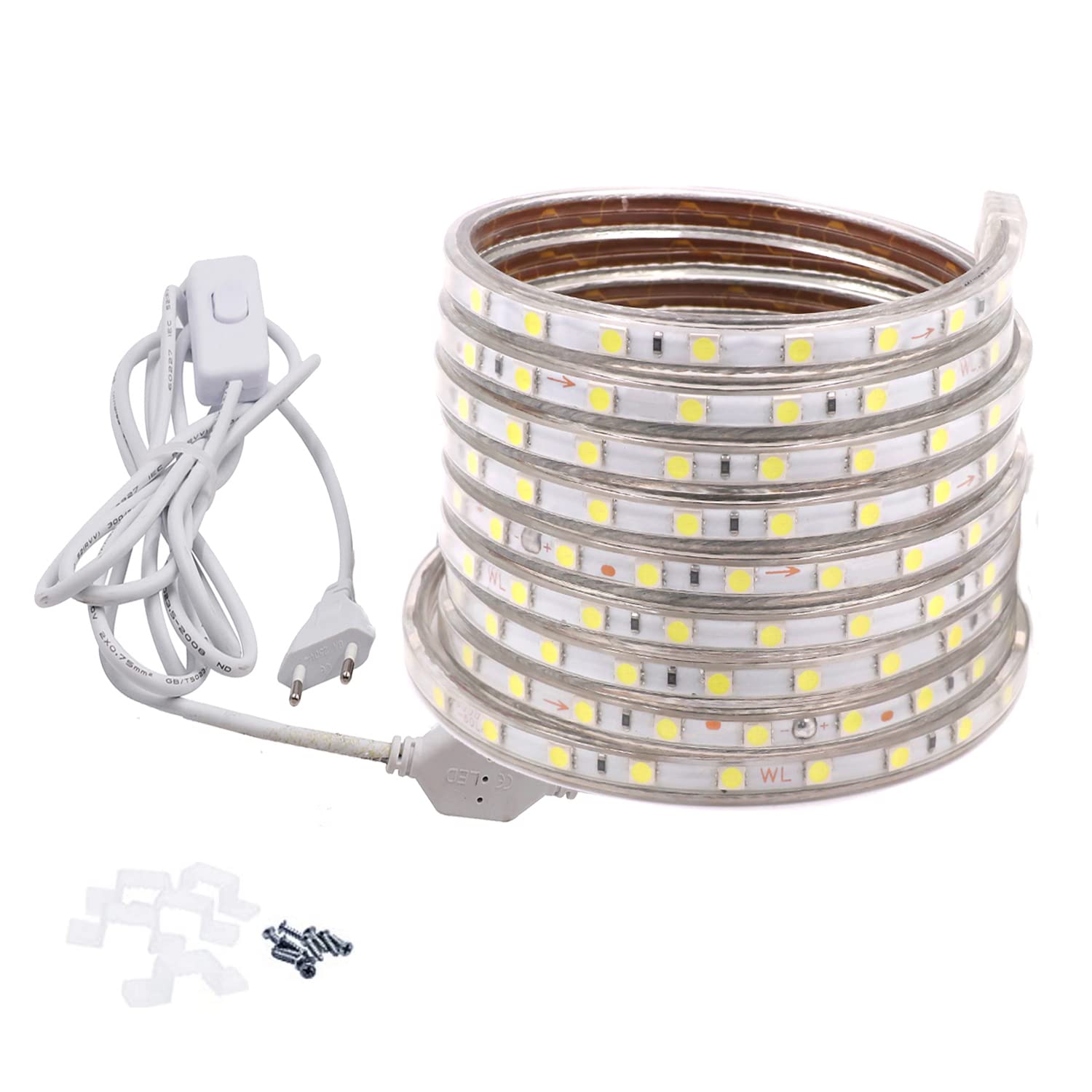 FOLGEMIR 10m Kalt Weiß LED Band mit Schalter, 220V 230V Lichtleiste, 60 Leds/m Strip, IP65 Lichtschlauch, milde Hintergrundbeleuchtung