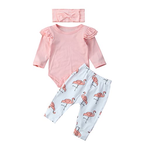 Carolilly Neugeborenes Baby Mädchen Langarm Body Romper Overalls + Hosen Outfits Set Kleidung Set (3-6 Monate, Rosa Flamingo), Gr. 80