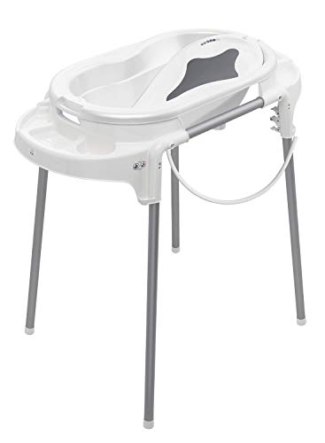 Rotho Babydesign Badestation TOP / 100 cm Breite / Babywanne weiß mit Aufbewahrungsfächer & Badewannenständer, höhenverstellbar / inkl. Wanneneinlage weiß und Ablaufschlauch