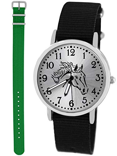 Pacific Time Mädchen Uhr Analog Quarz mit 2 Textilarmband 10419 schwarz grün