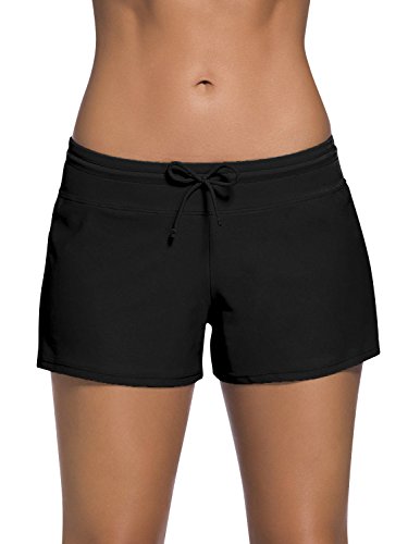 Dolamen Damen Badeshorts Bikinihose Shorts Trunks Badeanzug Bauchweg Badekleid mit verstellbarem Tunnelzug Mini Bikini Slip Beachwear, Boyleg Stil (X-Large, Schwarz)