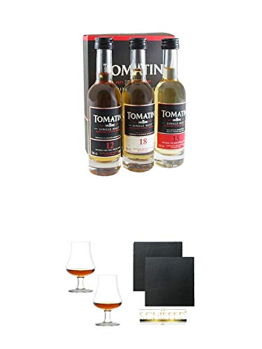 Tomatin Collection 3 x 5 cl in Geschenkpackung + Stölzle Nosingglas für Whisky 2 Gläser - 1610031 + Schiefer Glasuntersetzer eckig ca. 9,5 cm Ø 2 Stück