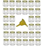 Viva Haushaltswaren - 32 x Mini Einmachglas 47 ml mit goldfarbenem Deckel, sechseckige Glasdosen als Marmeladengläser, Gewürzdosen, Gastgeschenk etc. verwendbar (inkl. Trichter Ø 12,3 cm)