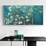 YIYAOFBH Mandelblüte Blumen Leinwand Gemälde von Van Gogh Impressionistische Poster und Drucke Wandkunst Bilder Heimdekoration 80x160cm(31x63in) Goldenframe