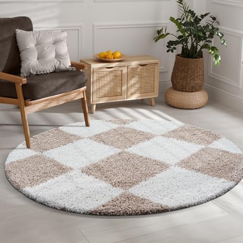 SANAT Milano Shaggy Teppich - Hochflor Teppiche für Wohnzimmer, Schlafzimmer, Küche - Beige Weiss, Größe: 80 cm Rund