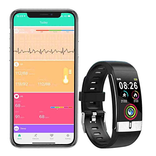Zeerkeer Smart Armband Fitness Tracker mit ECG & Temperature Blutdruck Monitor Farbe Bildschirm UI Schrittzähler Schlafmonitor IP68 wasserdichte Smart Uhr Männer Frauen(Schwarz)