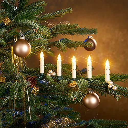 Christbaumkerzen mit Fernbedienung | Komplett-Set | flammenlose LED Kerzen, perfekte Alternative zur Lichterkette (12er Set, creme mit Steinchen)