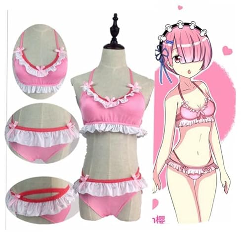 VLEAP Anime Re Zero Kara Hajimeru Isekai Seikatsu REM RAM Badeanzug Bademode Bikini Lolita Cosplay Kostüm / Rosa Blau Kurze Mode Perücke XL Rot Kostüm
