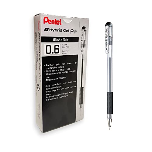 Pentel K116-AE Hybrid Gel Grip Tintenroller 0,6 mm Schreibspitze 0,3 mm Strichbreite 12 Stück schwarz