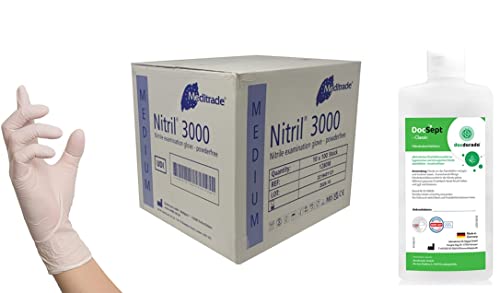 Nitrilhandschuhe 1000 Stück Box (M, Weiß) + docSept 500ml Händedesinfektionsmittel, puderfrei, unsteril, latexfrei, disposible gloves, white