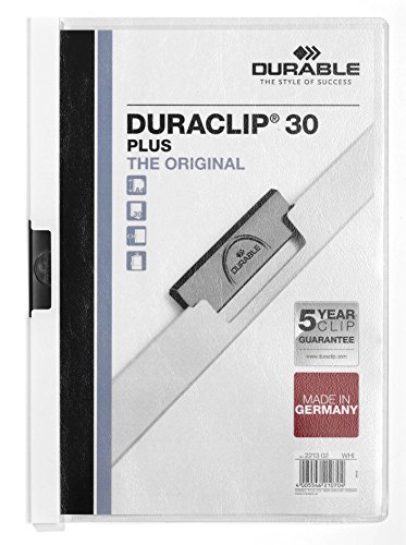 Durable 221302 Klemm-Mappe Duraclip 30 Plus (Hartfolie (bis 30 Blatt A4) 25er Packung weiß