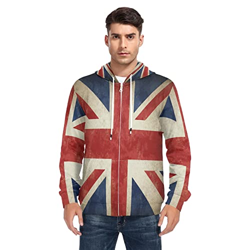 Linomo Herren Kapuzenpullover Jahrgang UK Flagge Union Jack Englisch England Zip Hoodie Sweatshirt Pullover Hooded Hoody mit Kängurutasche