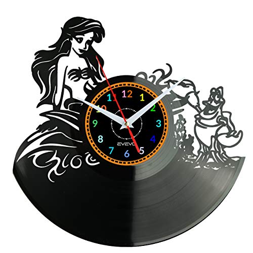 EVEVO Arielle Meerjungfrau Wanduhr Vinyl Schallplatte Retro-Uhr groß Uhren Style Raum Home Dekorationen Tolles Geschenk Wanduhr Arielle Meerjungfrau
