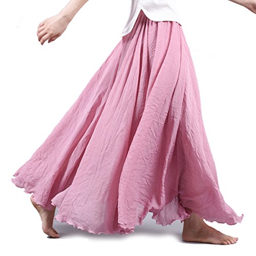 Cheerlife Vintage Damen Sommerrock Elastische Bund Rock Faltenrock Strandkleid Lang einfarbig 90cm Rosa