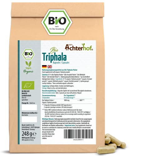 Triphala Kapseln Bio 400 Stück | Nachfüllpack | mit je 500mg Triphala-Pulver | Kombination aus Amalaki, Bihitaki und Haritaki | 100% vegan | vom Achterhof