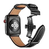 QANXGOG Lederarmband Kompatibel mit Apple Watch Armband 45mm 44mm 42mm 41mm 40mm 38mm, Lederband Ersatzband mit Butterfly Faltschließe für iWatch Series 7 6 5 4 3 2 1 SE,Black/Black,38mm/40mm/41mm